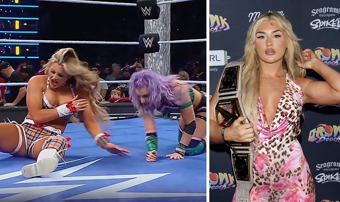 Wrestler experiencing a wardrobe malfunction during a match, highlighting memorable celebrity wardrobe malfunction moments.