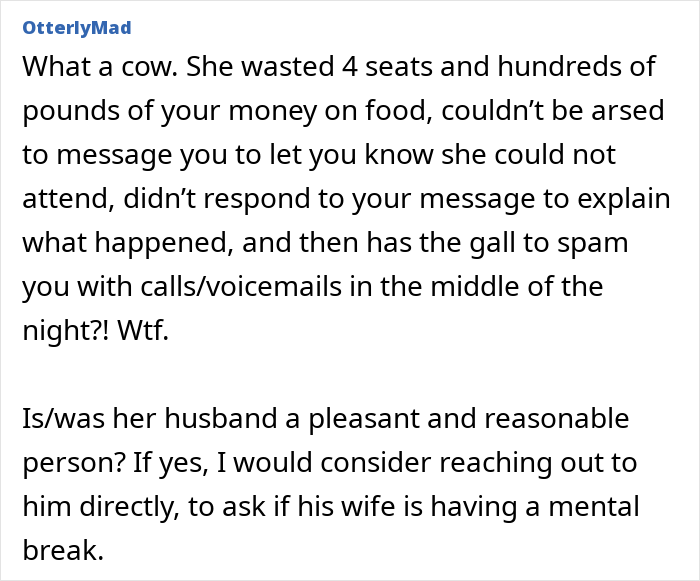 Text post showing complaint about a woman suddenly turning flaky, missing a wedding, and sending malicious voicemails.