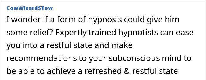 Screenshot of a forum comment suggesting hypnosis as relief for a man who hasn't slept in two years.
