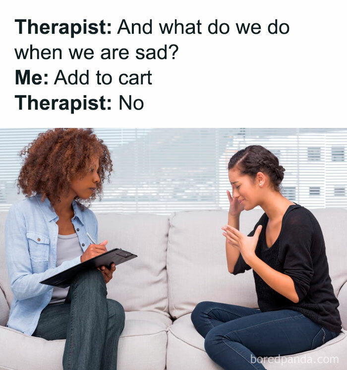 Two women having a therapy session with a funny meme about sad feelings and adding to cart in relatable friendship memes.