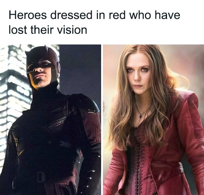 Heroic characters dressed in red from popular movies, highlighting a funny take on cinephile memes about lost vision.