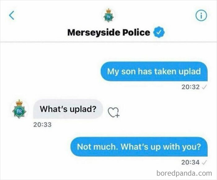 Screenshot of a humorous chaotic British meme showing a misunderstanding in a message with Merseyside Police.