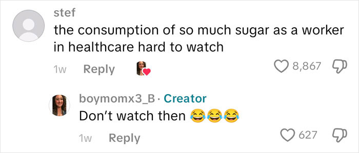 Commenter discussing sugar consumption in a healthcare worker context with a humorous reply about American family grocery haul.