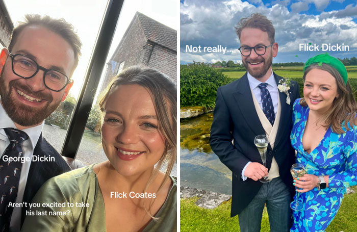 Couple sharing laughs about the married surname trend, showing playful reactions and unique last name choices outdoors.