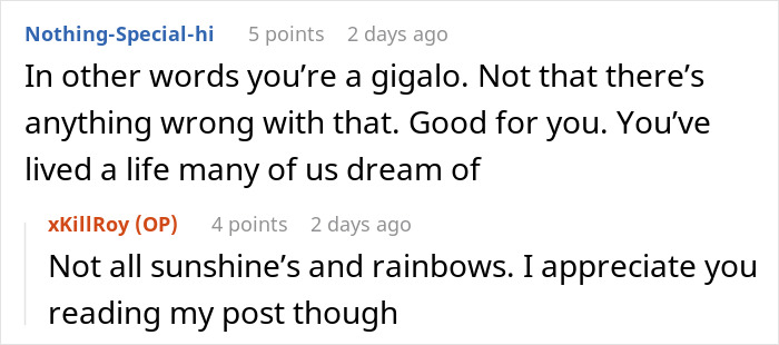 Screenshot of an online discussion about a paid companion revealing experiences with wealthy married women.