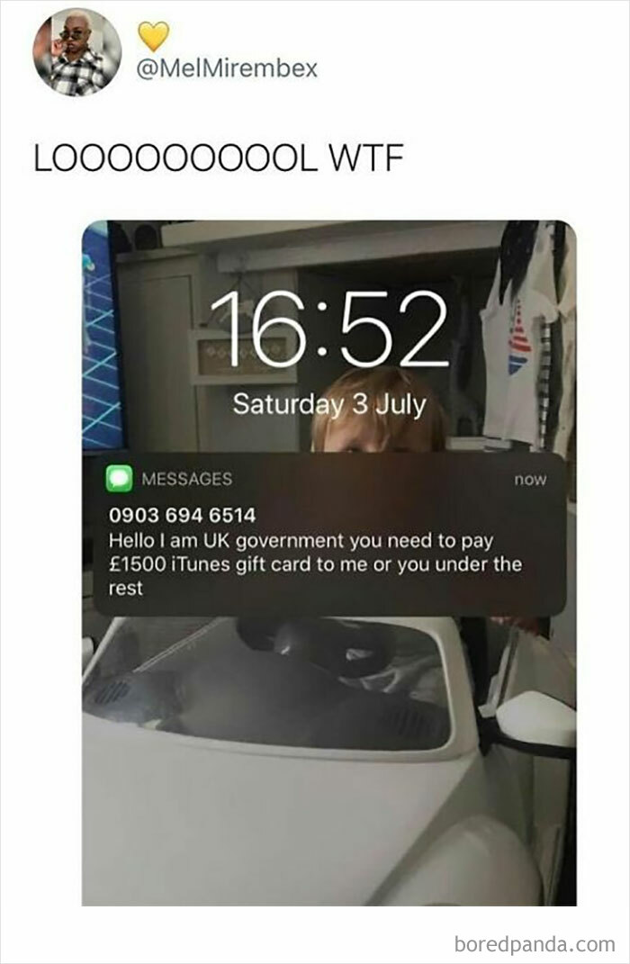 Screenshot of a chaotic British meme showing a fake UK government text demanding iTunes gift card payment.