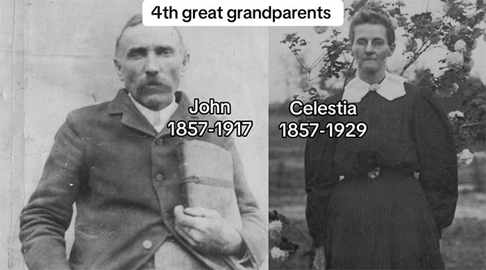Black and white photo of 4th great grandparents John and Celestia, key figures in family history and genealogy research.