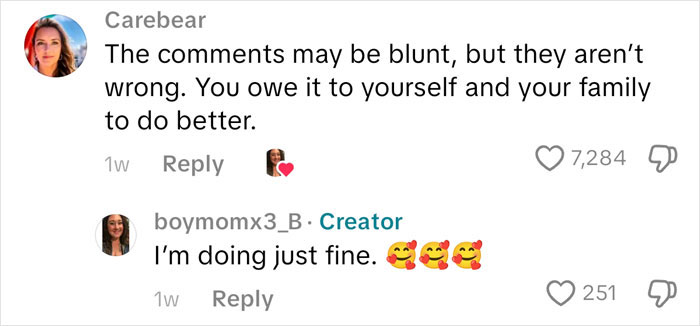 User comments in a social media thread discussing personal accountability and family wellbeing in an American family grocery haul context.