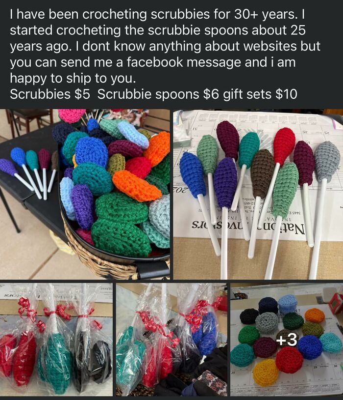 Crocheted scrubbies and scrubbie spoons in various colors displayed on tables and wrapped in gift sets.