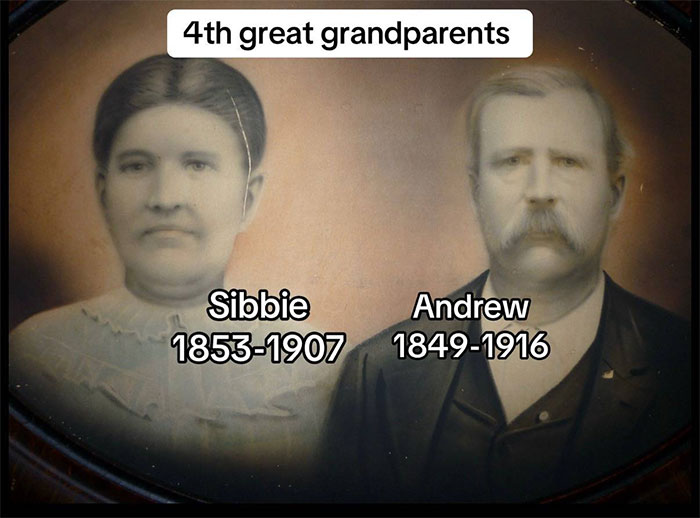 Black and white photo of 4th great grandparents Sibbie and Andrew, illustrating family historian&rsquo;s online family tree.