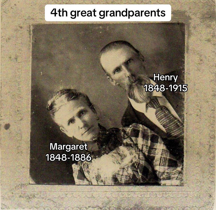 Vintage photo of 4th great grandparents Henry and Margaret, highlighting family historian inspiring family tree sharing online.