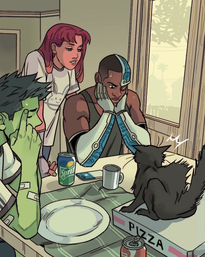 Teen Titans character holding a wet black cat in a bathroom, showcasing Gabriel Picolo's relatable visual storytelling style.