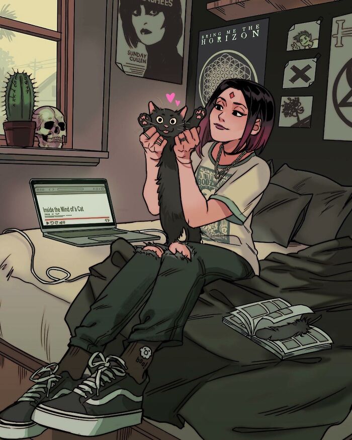 Teen Titans character holding a wet black cat in a bathroom, showcasing Gabriel Picolo's relatable visual storytelling style.