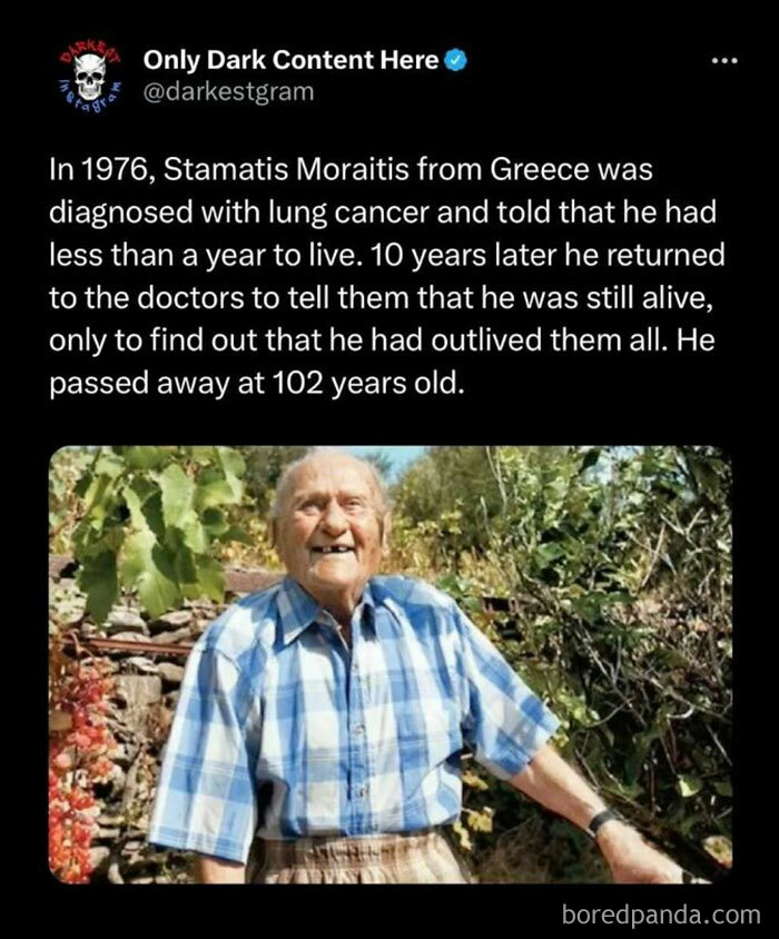 Elderly man smiling outdoors with text about a dark Instagram page sharing creepy true stories to spook viewers.