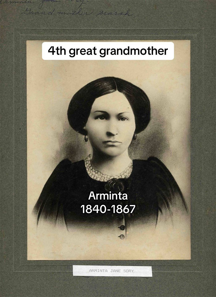 Portrait of a 4th great grandmother named Arminta from 1840-1867, reflecting family historian and family tree research.