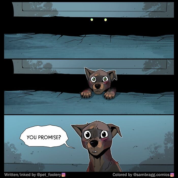 Black cat and dog with glowing eyes investigating watermelon slice with buzzing flies in a pet foolery comic style.