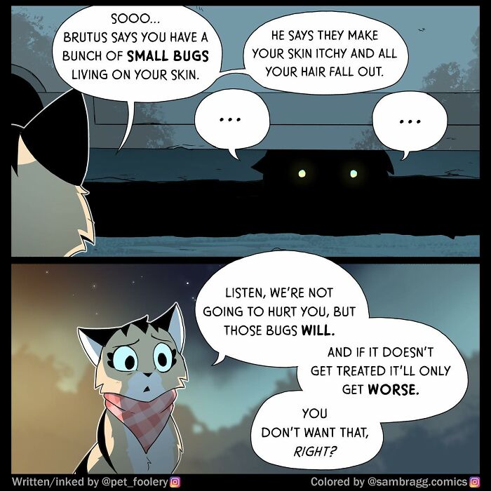 Black cat and dog with glowing eyes investigating watermelon slice with buzzing flies in a pet foolery comic style.