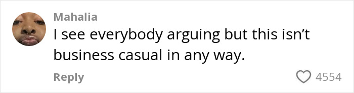 Comment from Mahalia debating the appropriateness of business casual attire in the viral teacher curves discussion.