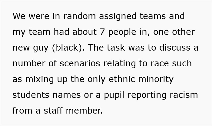 Text excerpt describing a team discussing race-related scenarios during unconscious bias training involving a new hire considering reporting.