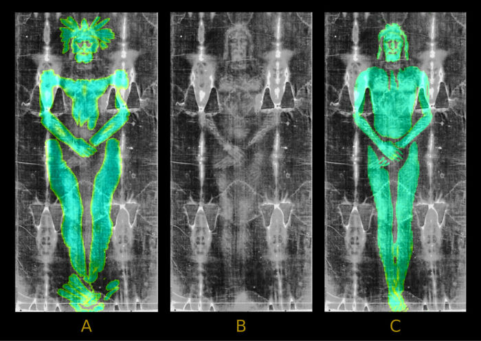 X-ray images of the Shroud of Turin with highlighted areas suggesting it was draped on a statue figure. X-ray images of the Shroud of Turin with highlighted areas suggesting it was draped on a statue figure.