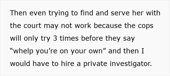 Text passage explaining difficulties in serving court documents and needing a private investigator after multiple police attempts. - 21