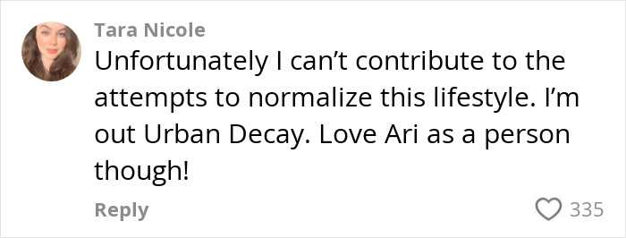 Comment from Tara Nicole expressing disagreement with normalizing a lifestyle amid L&rsquo;Or&eacute;al hiring controversy.