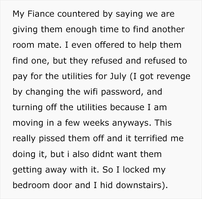 Text describing a roommate dispute involving refusal to return AC and issues with utilities payments and access control.