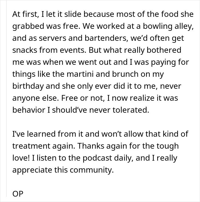 Text showing a woman expressing frustration as her coworker keeps helping herself to her food, especially on her birthday.