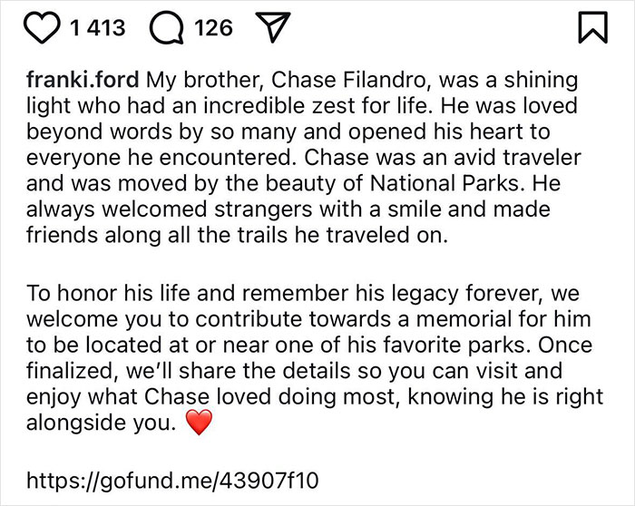Instagram post honoring Chase Filandro&rsquo;s life, sharing memories and a memorial fundraiser for the young traveler.