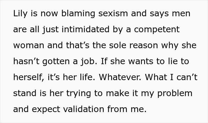 Text excerpt showing a woman blaming sexism for job rejection while her sister challenges her view with a reality check.