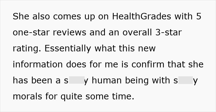 Text excerpt showing negative HealthGrades reviews highlighting unethical behavior related to a couple's therapist scandal.