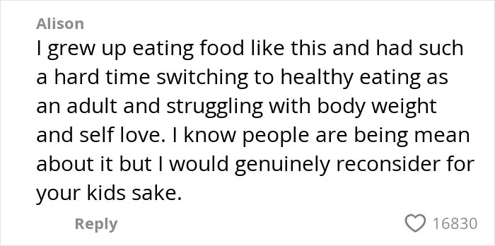 Comment from Alison about challenges switching to healthy eating and concerns for kids shared in an American family grocery haul discussion.