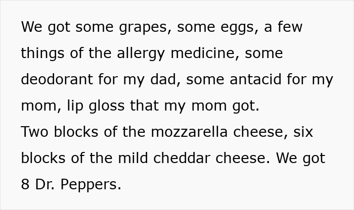 Family grocery haul showing various food items like grapes, cheese, eggs, medicines, and beverages in an American household.