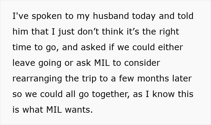 Text message with a wife explaining to her husband why she refuses a postpartum trip and suggesting to delay it for later.