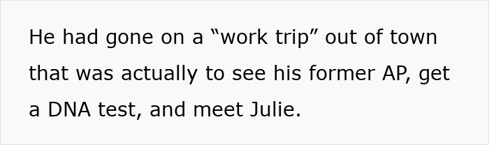 Text describing a man&rsquo;s secret DNA test during a supposed work trip, linked to family drama and stepdaughter issues.