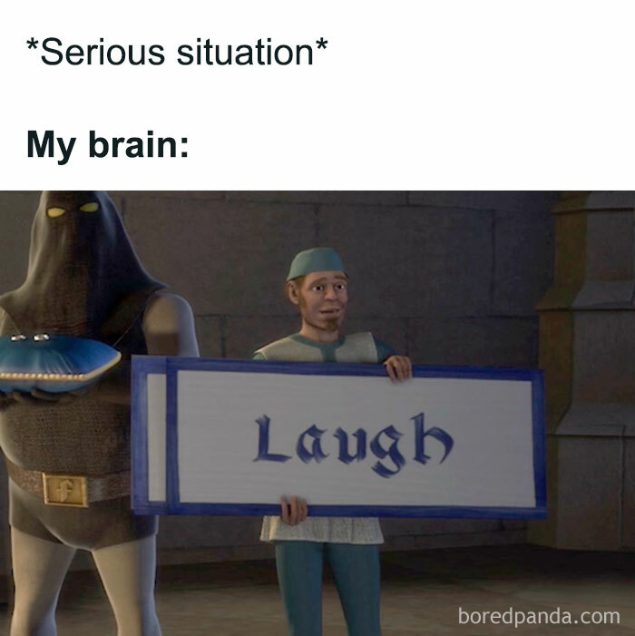 Introvert-worthy meme showing a character holding a sign that says Laugh during a serious situation.