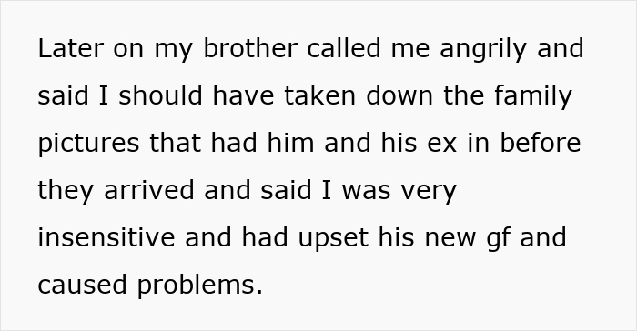 Text message describing a brother upset over family pictures of his ex at a sister&rsquo;s BBQ causing problems with new flame.