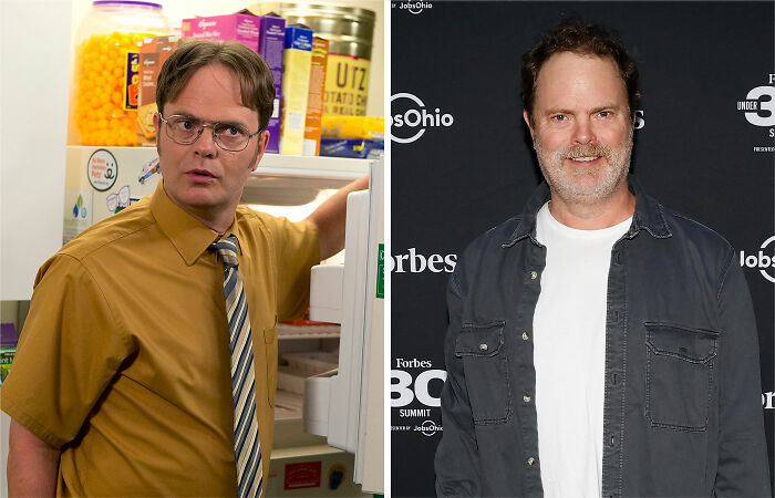 Actor Rainn Wilson as Dwight Schrute in The Office and a recent photo showing the Office cast where are they now after 20 years