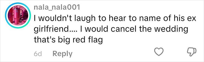 Comment on social media expressing concern about the bride&rsquo;s reaction to groom saying ex&rsquo;s name during vows.