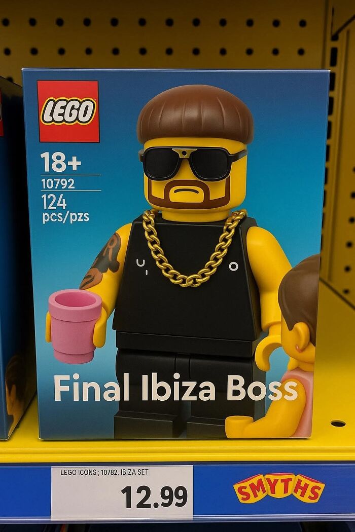 LEGO Final Ibiza Boss figure with sunglasses, gold chain, tattoo, and holding a pink cup in a toy store display. LEGO Final Ibiza Boss figure with sunglasses, gold chain, tattoo, and holding a pink cup in a toy store display.