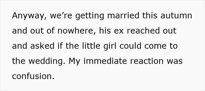 Text excerpt describing confusion about a fiance's non-biological child attending the wedding this autumn.