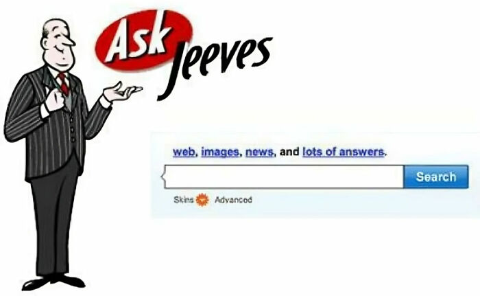 Ask Jeeves search engine homepage featuring a vintage cartoon butler and classic 90s internet design elements.