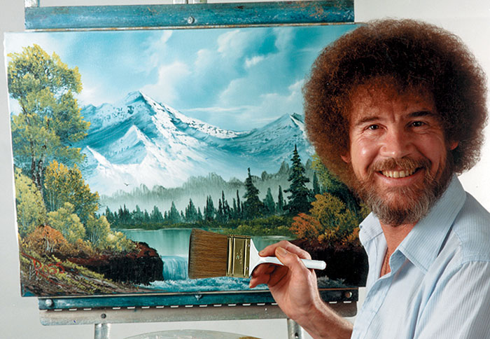 Famous artist smiling while painting a serene mountain landscape, showcasing a creative family flex moment.