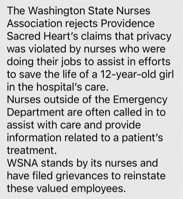Washington State Nurses Association defends nurses after hospital fires 15 nurses following 12-year-old patient incident.