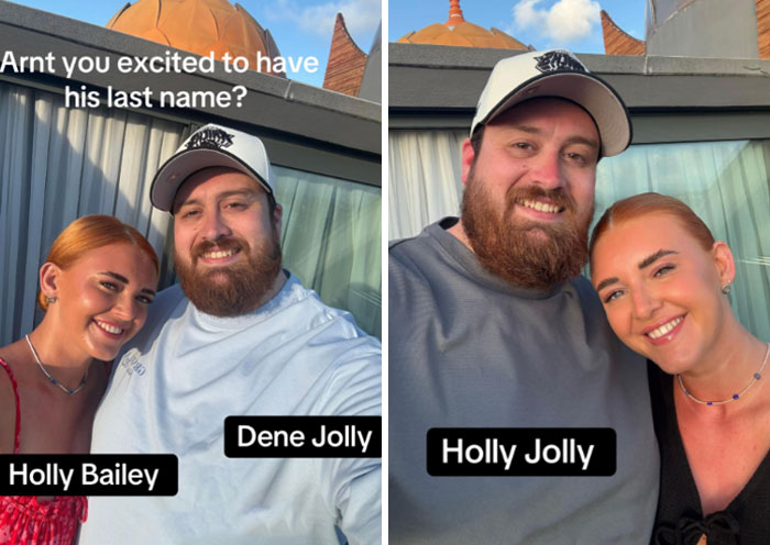 Couple sharing laughs during married surname trend, showing name change from Bailey and Jolly to Holly Jolly.