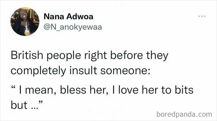 Tweet about British people politely insulting others, capturing the spirit of chaotic British memes from the U.K.