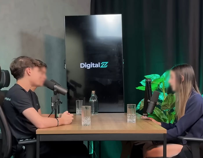 Two people in a podcast studio discussing predators targeting children's social media with specific comments.