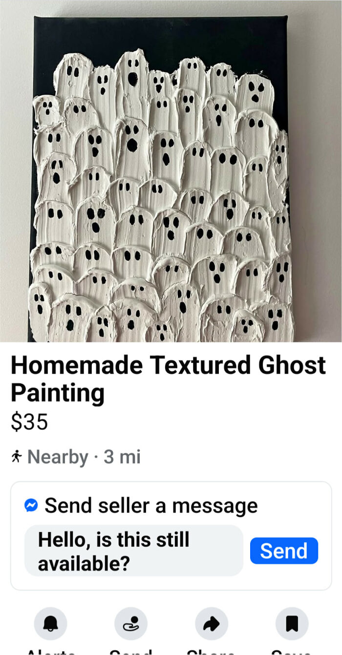 Homemade textured ghost painting DIY craft project with multiple white ghosts on black background for craft shaming.