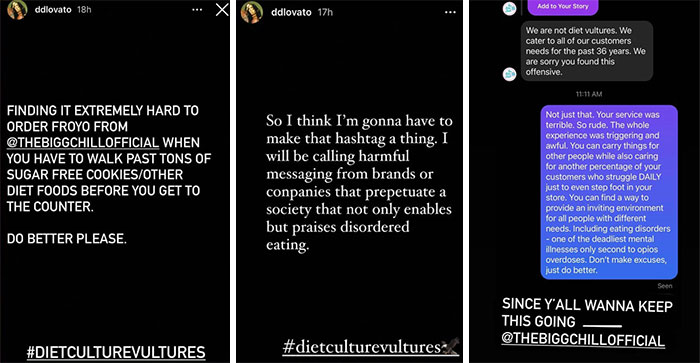 Social media posts showing celebs being out of touch while trying to be relatable about diet culture and customer service.