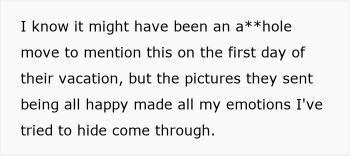 Text excerpt about woman&rsquo;s emotional reaction during family vacation, revealing feelings and emotional cramps.